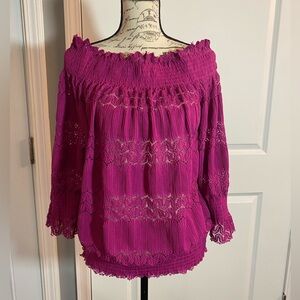 Simply Styled Magenta Pink Stretchy‎ Lace Off-The-Shoulder Blouson Blouse